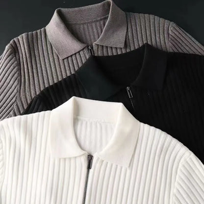 Men's Merino Polo Sweater with Zip - Ethan-Black-M-Nora Luxe