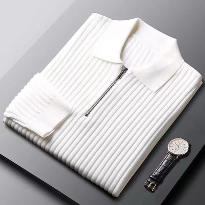 Men's Merino Polo Sweater with Zip - Ethan-White-M-Nora Luxe