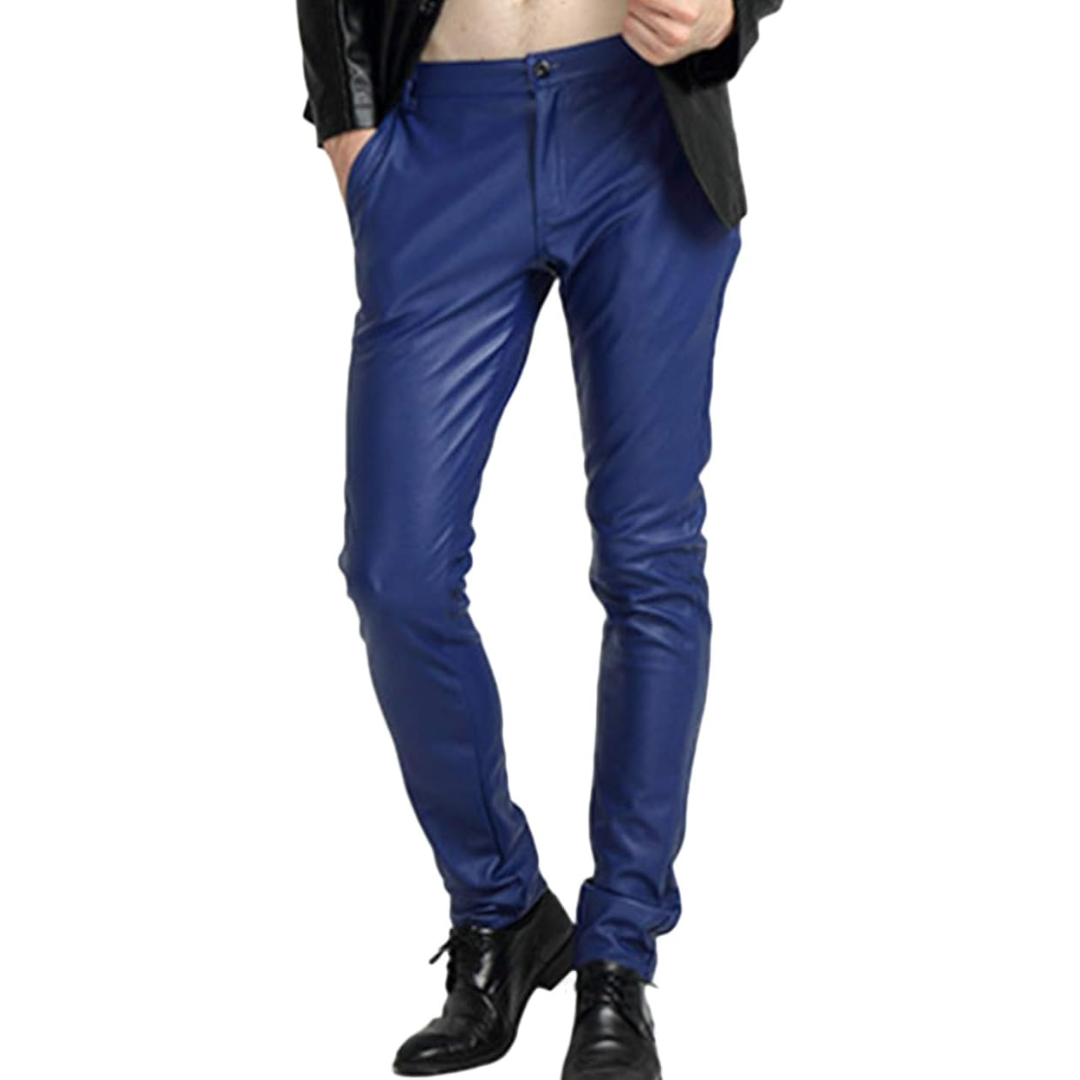Men's Tapered Faux Leather Biker Trousers - Victor-Blue-28-Nora Luxe