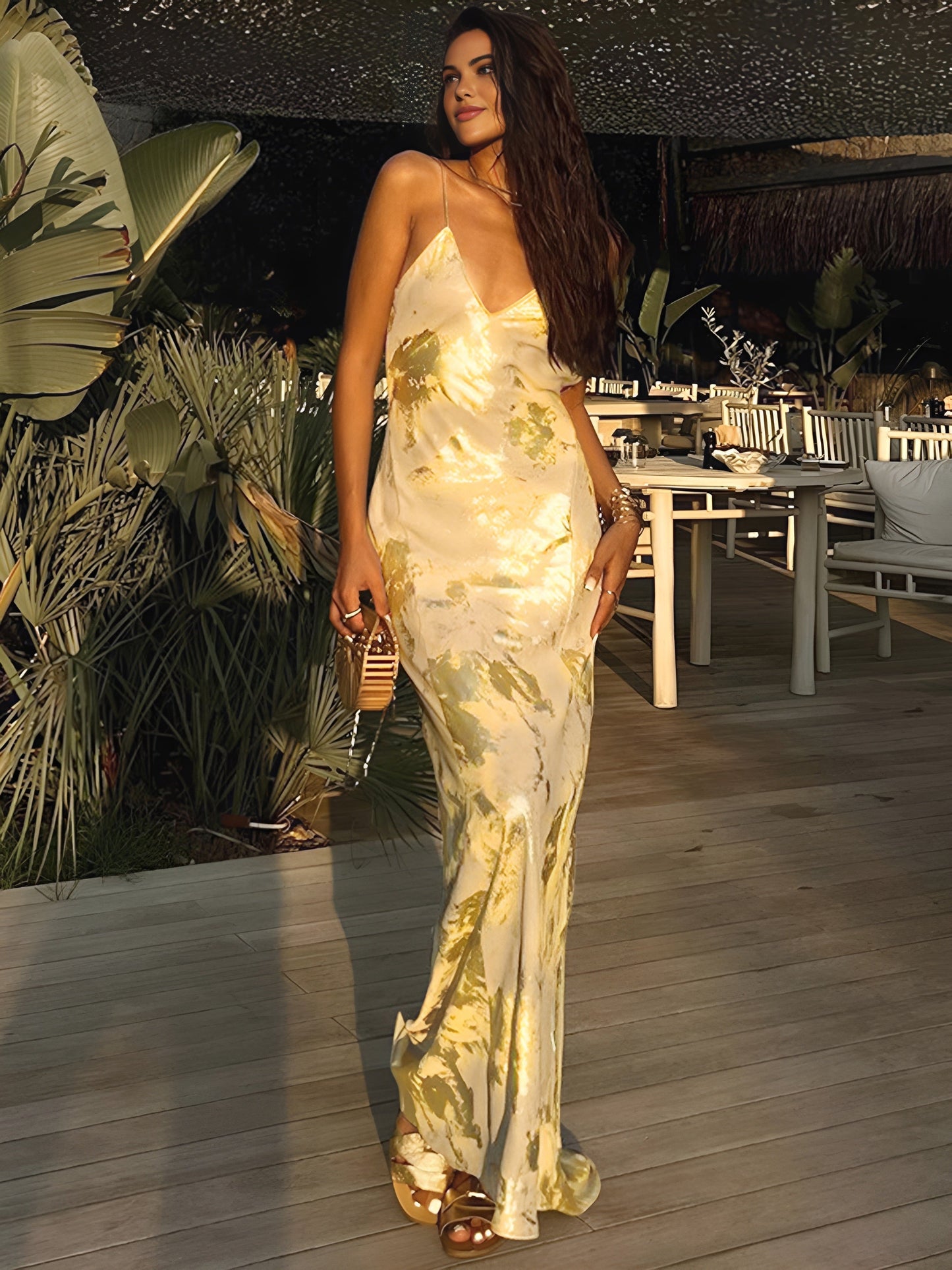 Shiny V Neck Open Back Evening Dress