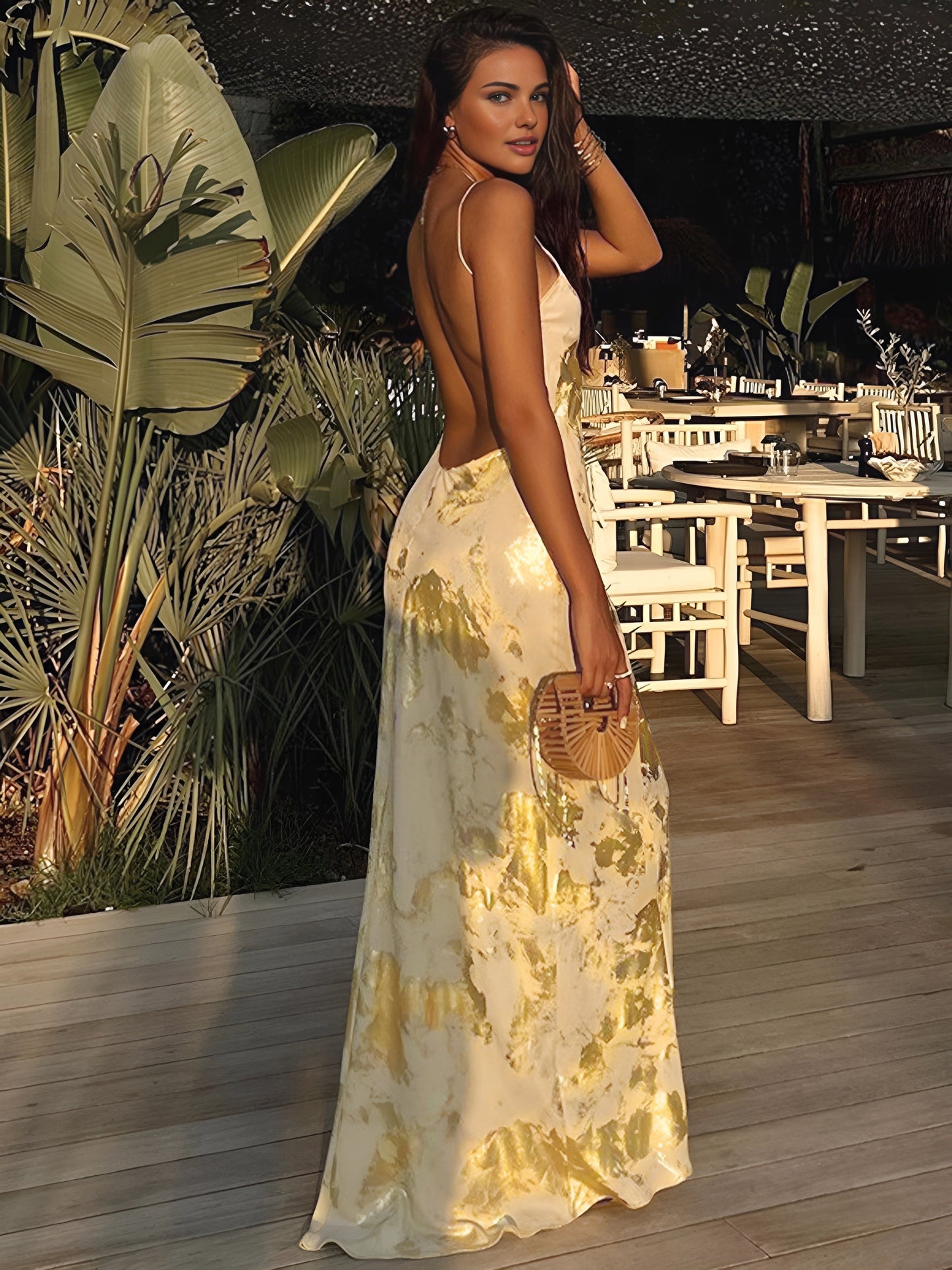 Shiny V Neck Open Back Evening Dress