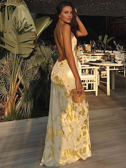 Shiny V Neck Open Back Evening Dress
