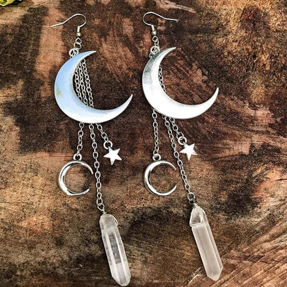 Natural Crystal Moon Stars Earrings - Elara-Clear Quartz and Silver Moon-Nora Luxe