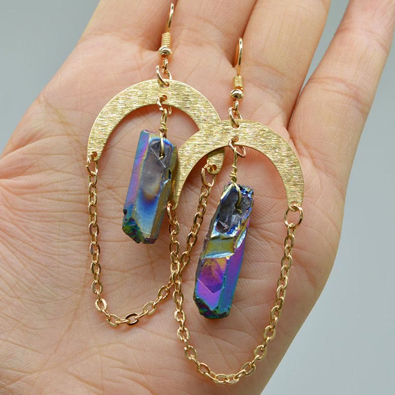 Natural Crystal Moon Stars Earrings - Elara-Labradorite-Nora Luxe