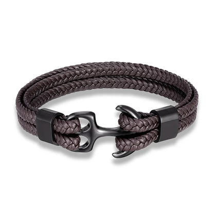 Nautical Anchor Leather Bracelet | Stylish Men's Jewellery-Coffee-BLACK-19CM-Nora Luxe