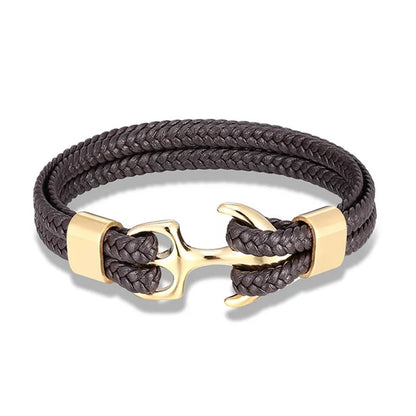 Nautical Anchor Leather Bracelet | Stylish Men's Jewellery-Coffee-GOLD-19CM-Nora Luxe