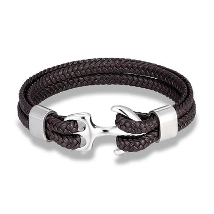 Nautical Anchor Leather Bracelet | Stylish Men's Jewellery-Coffee-SILVER-19CM-Nora Luxe
