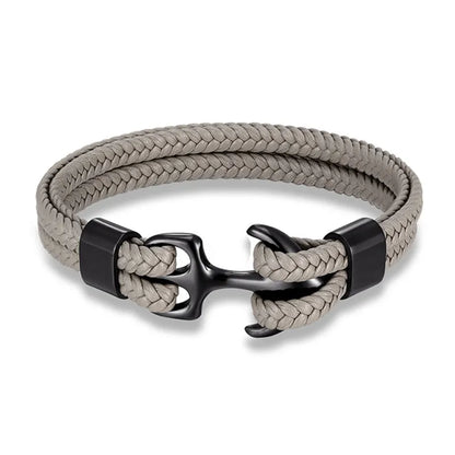 Nautical Anchor Leather Bracelet | Stylish Men's Jewellery-Gray-BLACK-19CM-Nora Luxe