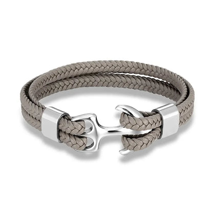 Nautical Anchor Leather Bracelet | Stylish Men's Jewellery-Gray-SILVER-19CM-Nora Luxe