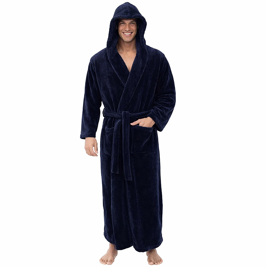 Man wearing a navy blue hooded robe on a white background