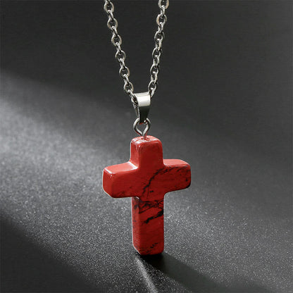 Necklace with Cross of Natural Gemstones - Seraphina-Red Jasper-Nora Luxe
