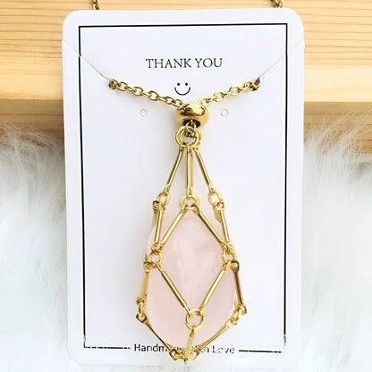 Necklace with Crystal Holder Pendant - CrystalGuard-Gold-Rose quartz-Nora Luxe