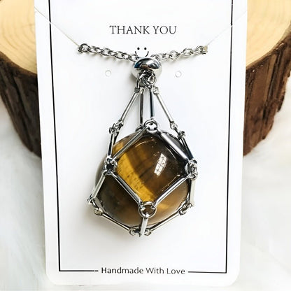 Necklace with Crystal Holder Pendant - CrystalGuard-Silver-Tiger's eye-Nora Luxe