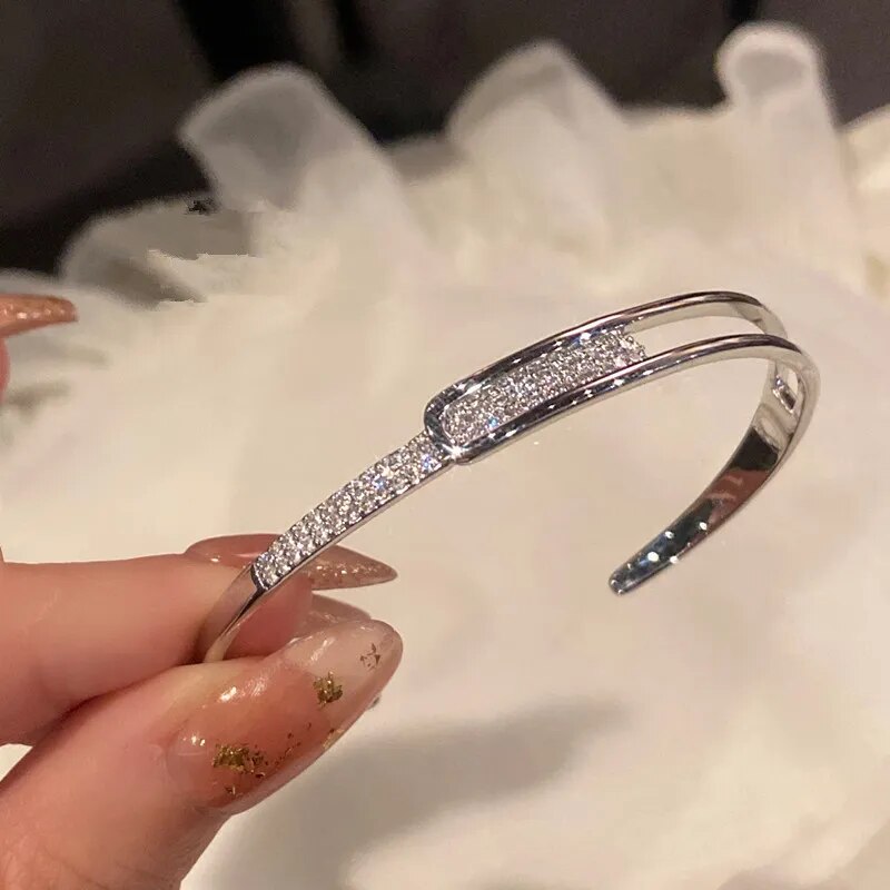 Silver Zirconia Open Cuff Bangle - Pexav