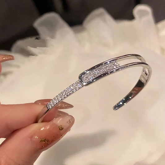 Silver Zirconia Open Cuff Bangle - Pexav