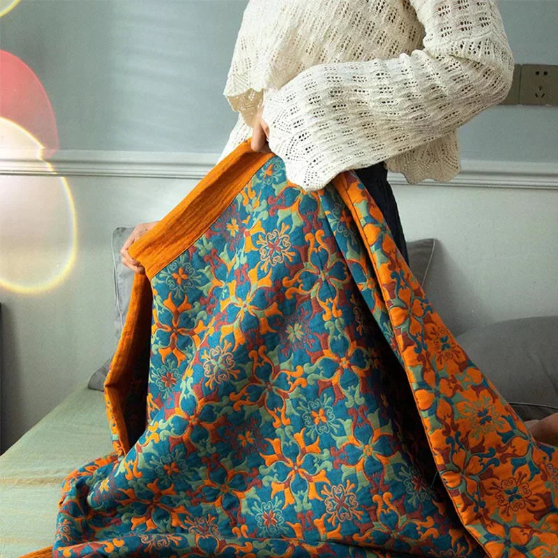 Orange & Blue Pattern Six-Layer Cotton Quilt - TerraLoom-Duvet-98.43 × 94.49 in-Nora Luxe