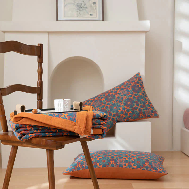 Orange & Blue Pattern Six-Layer Cotton Quilt - TerraLoom-Duvet-98.43 × 94.49 in-Nora Luxe
