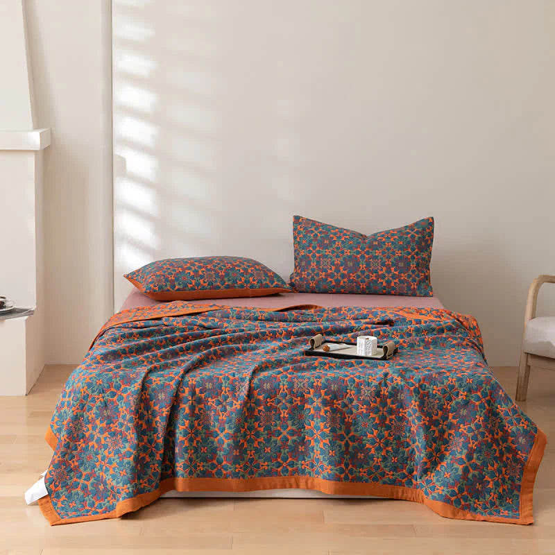 Orange & Blue Pattern Six-Layer Cotton Quilt - TerraLoom-Duvet-98.43 × 94.49 in-Nora Luxe