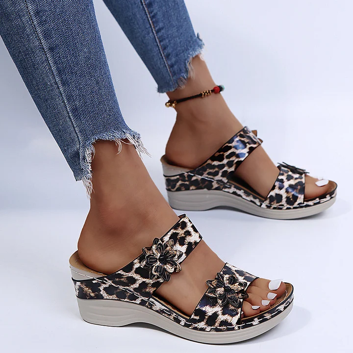 Animal Print Comfortable Leather Wedge Sandals