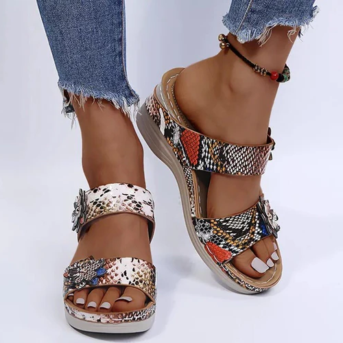 Animal Print Comfortable Leather Wedge Sandals
