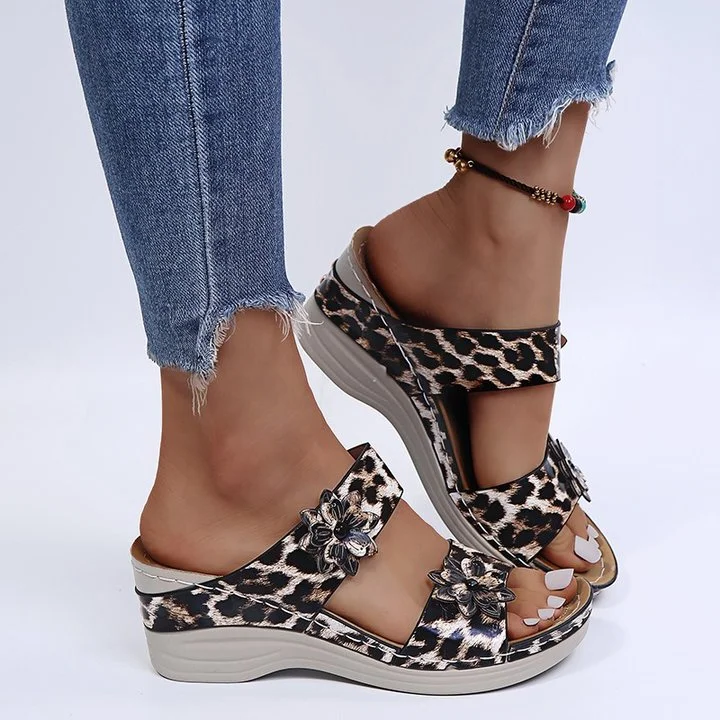Animal Print Comfortable Leather Wedge Sandals