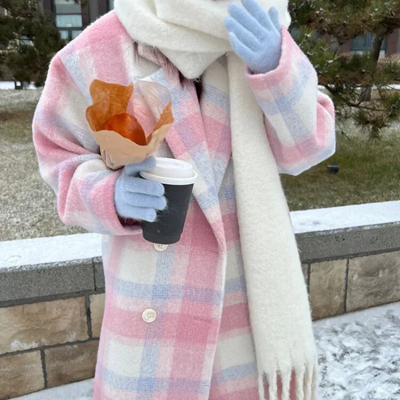 Pastel-Colored Checked Wool Mix Coat with Double-Breasted Buttons - Sofie-XS-Nora Luxe