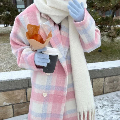 Pastel-Colored Checked Wool Mix Coat with Double-Breasted Buttons - Sofie-XS-Nora Luxe