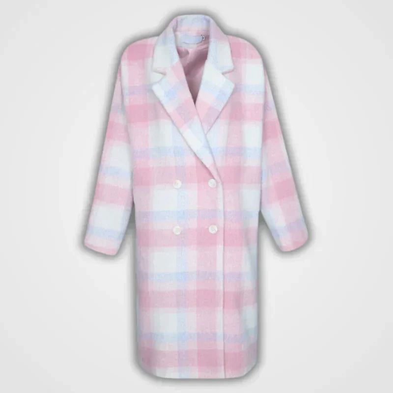 Pastel-Colored Checked Wool Mix Coat with Double-Breasted Buttons - Sofie-XS-Nora Luxe