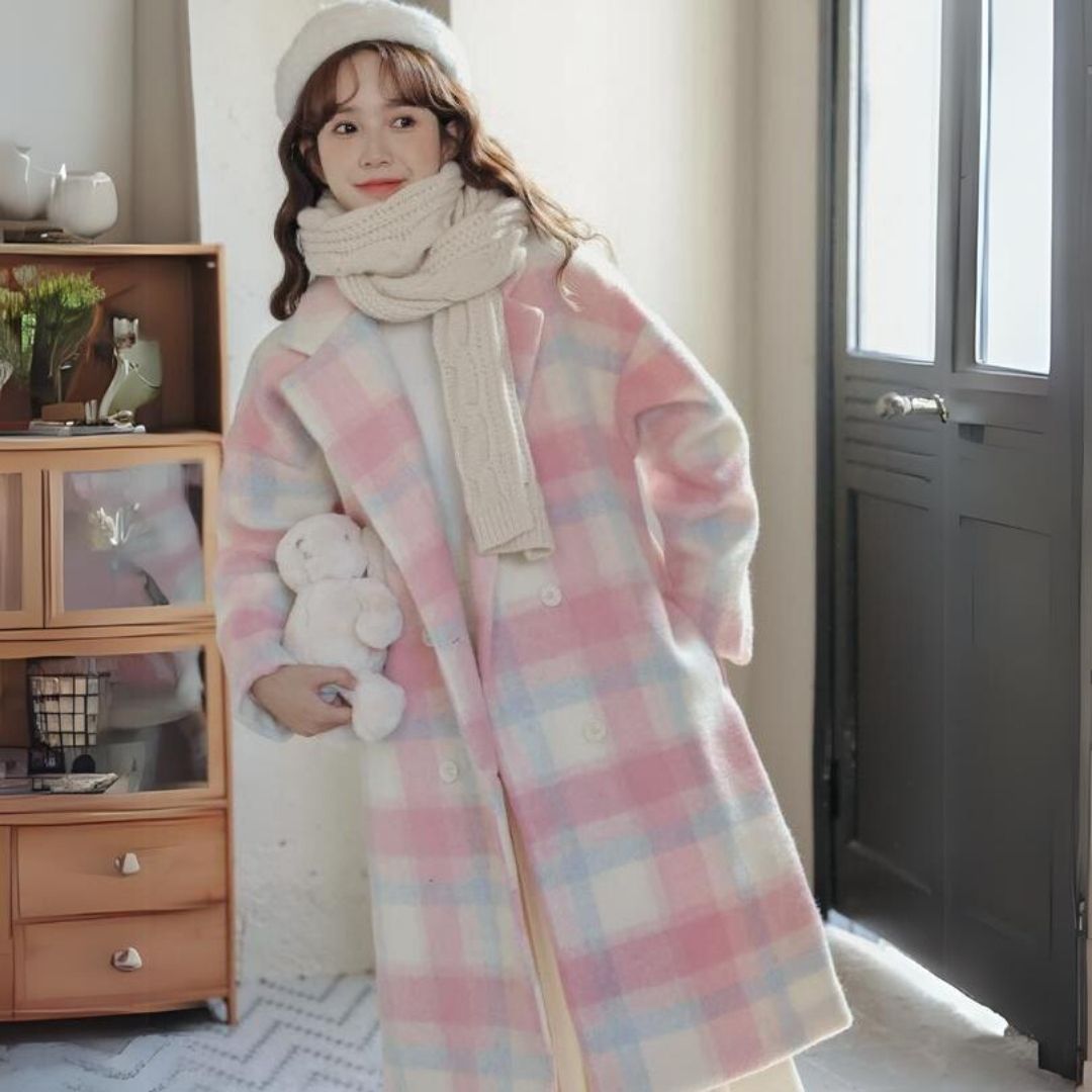 Soft Pastel Plaid Wool Blend Double Button Coat - Pexav