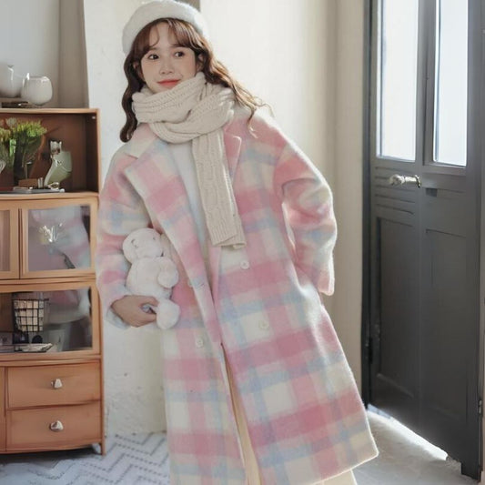 Soft Pastel Plaid Wool Blend Double Button Coat - Pexav