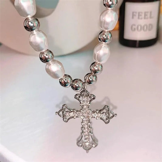 Classic Pearl Cross Necklace For Women - Pexav