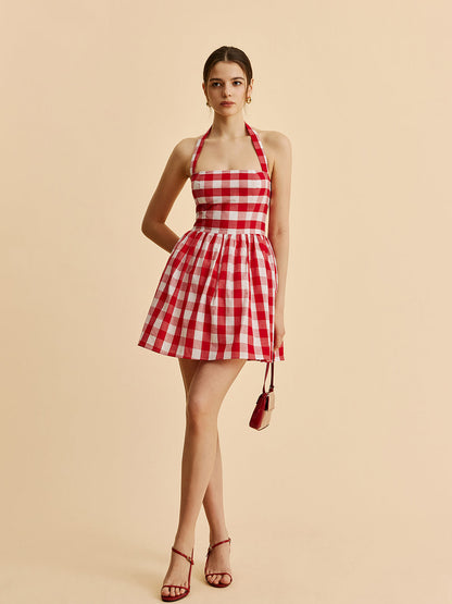 Checkered Neckline Flared Dress