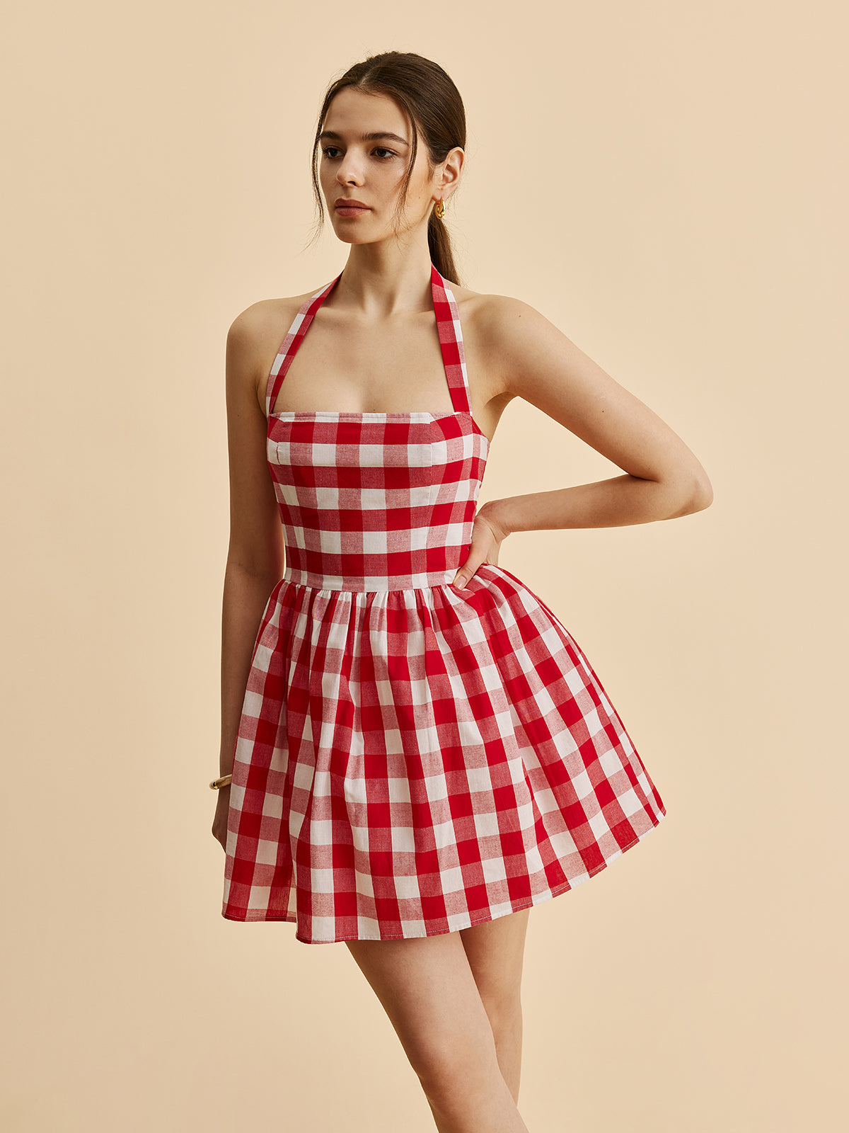 Checkered Neckline Flared Dress