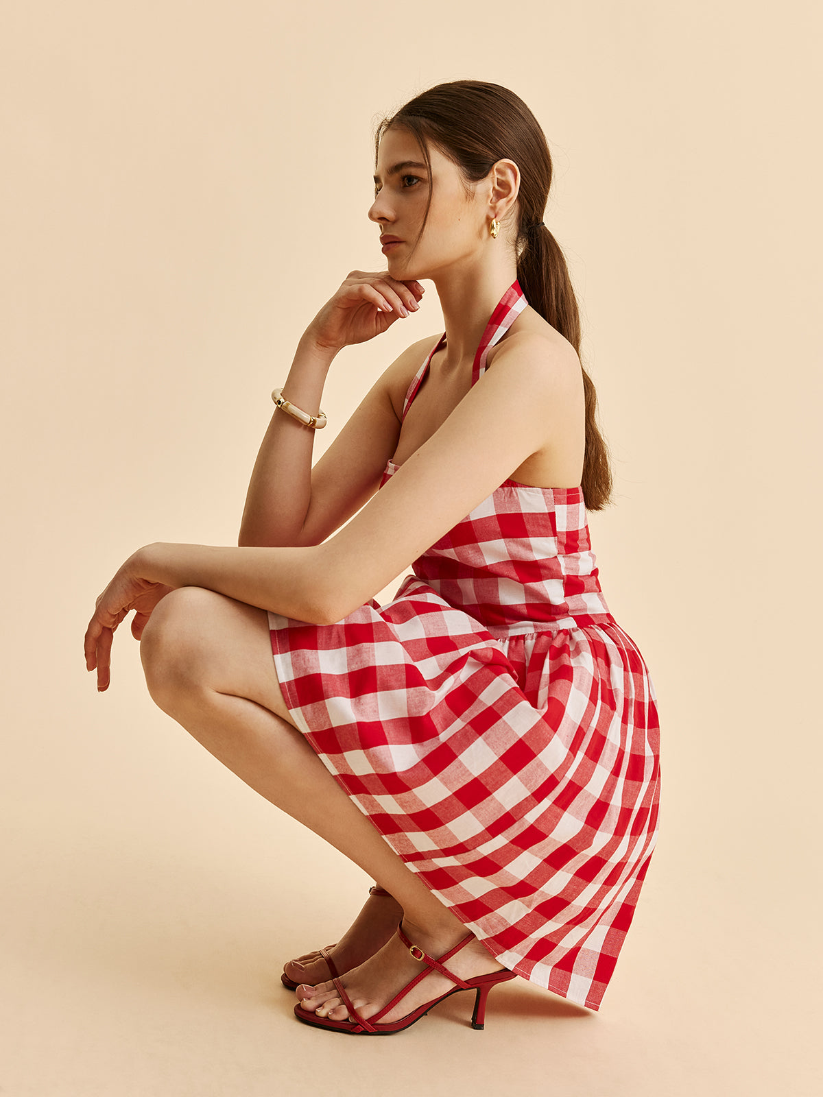 Checkered Neckline Flared Dress