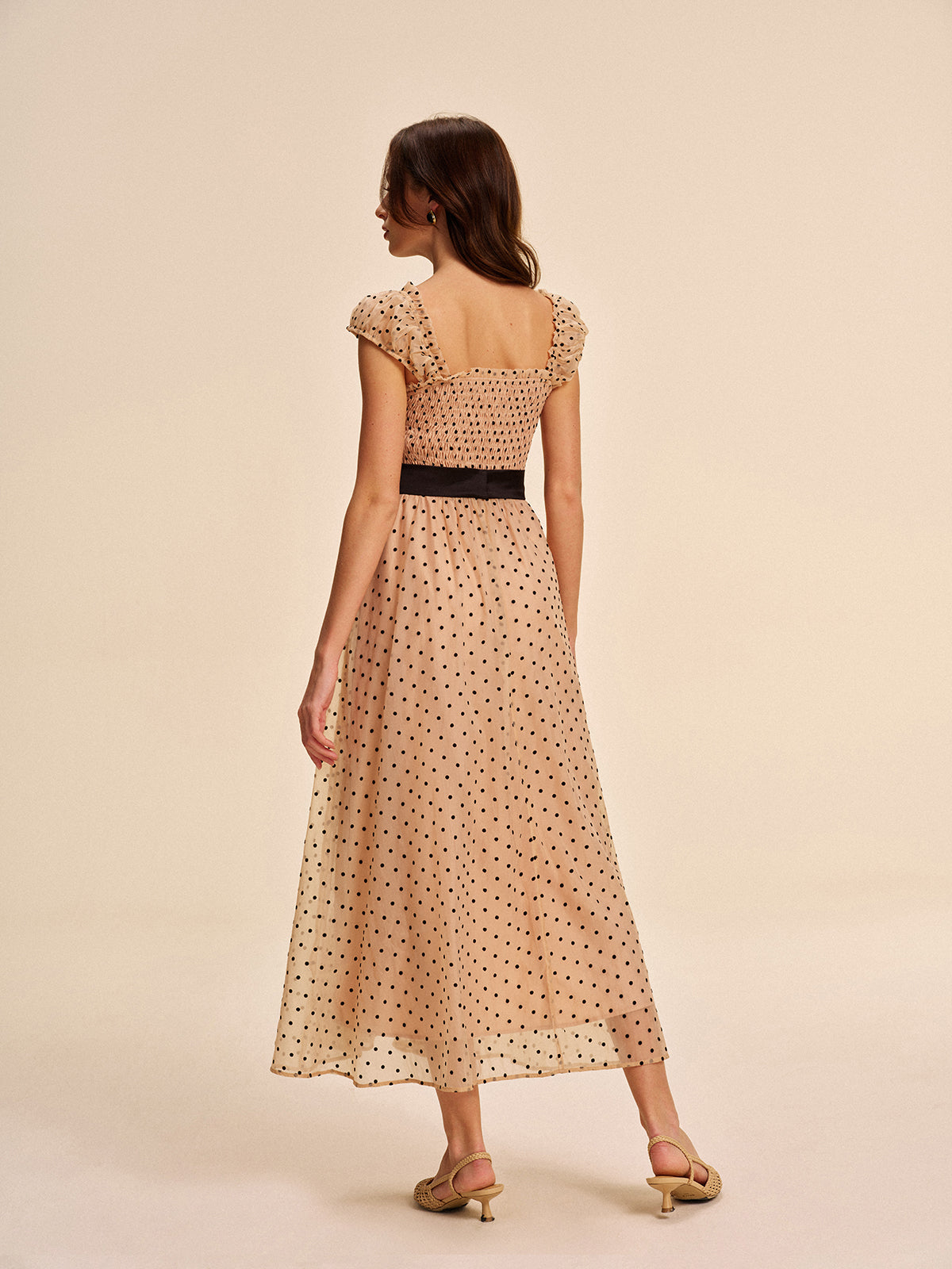 Spot Print Dress With Adjustable Waist Belt