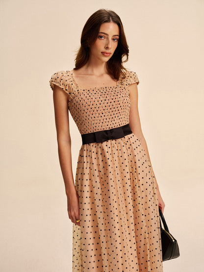 Spot Print Dress With Adjustable Waist Belt
