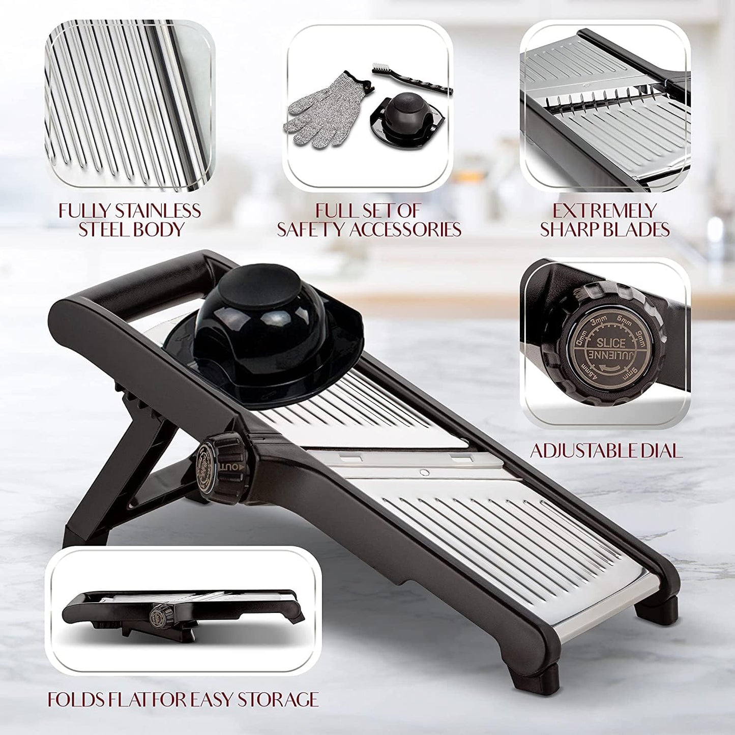 Premium food slicer with cut-resistant gloves-Adjustable Mandoline-Nora Luxe