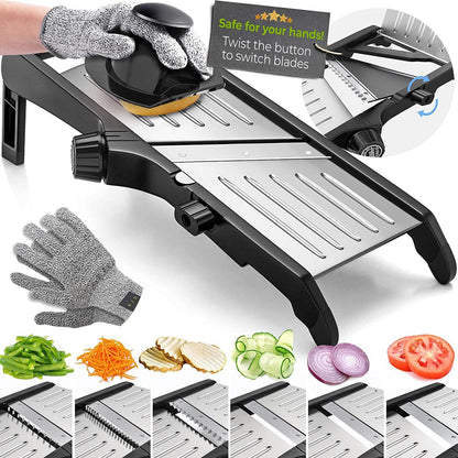 Premium food slicer with cut-resistant gloves-Adjustable Mandoline with Waffle Cutter-Nora Luxe