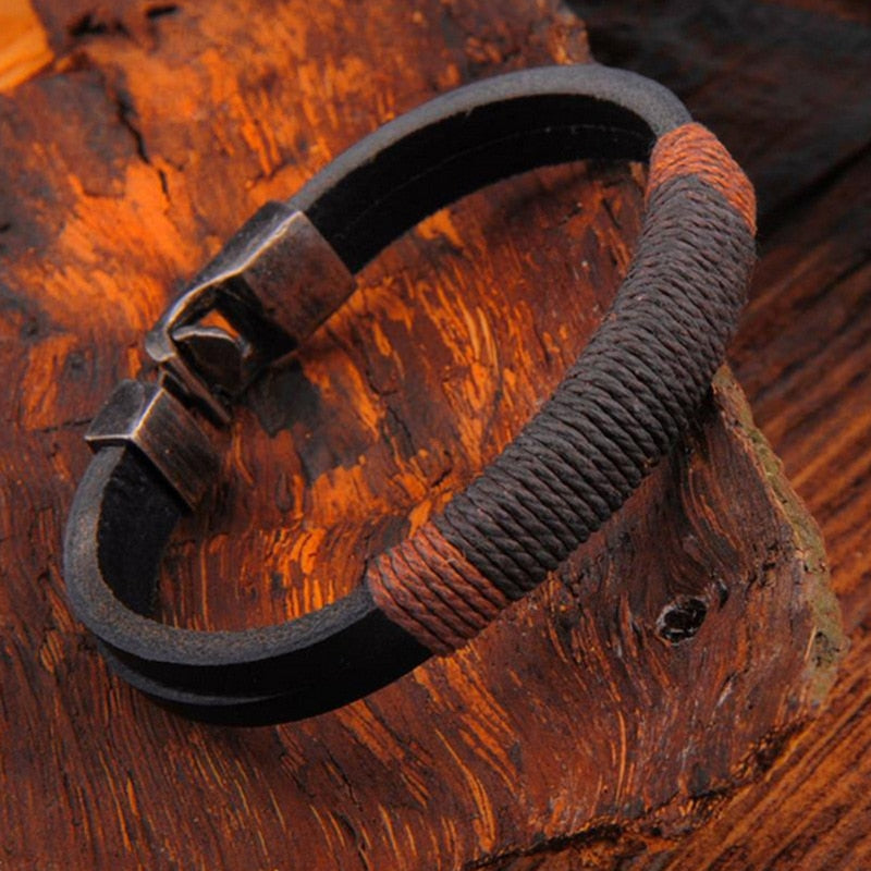 Rugged Brown Leather Wristband - Pexav
