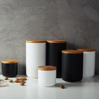 Natural Clay Jars with Wood Lids - Simple Kitchen Storage Containers - Pexav