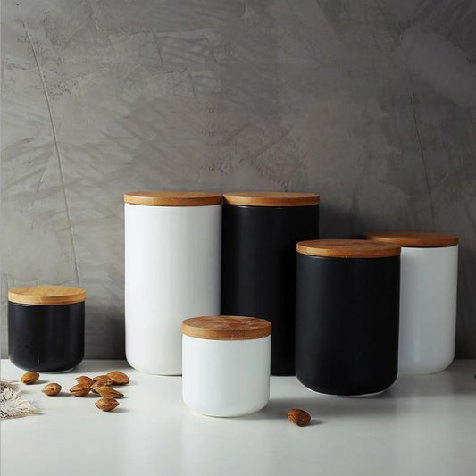 Natural Clay Jars with Wood Lids - Simple Kitchen Storage Containers - Pexav