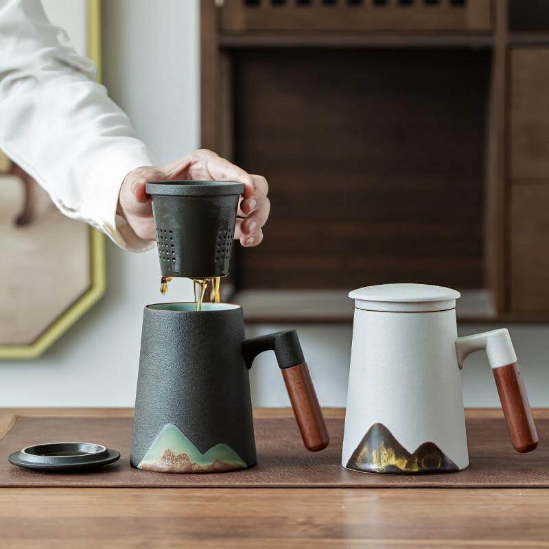 Nature Inspired Ceramic Coffee Mugs With Strainer - Pexav