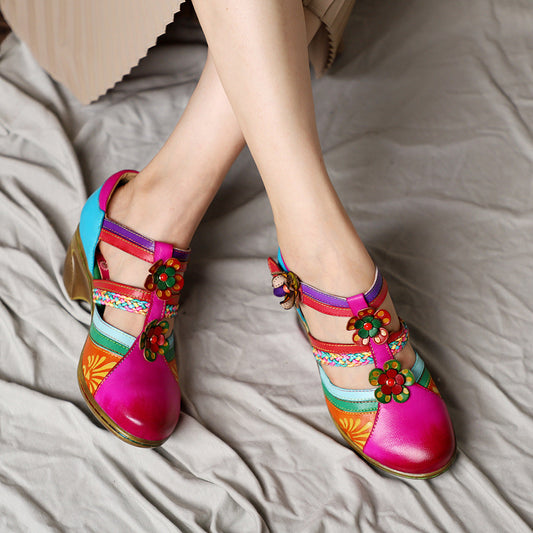Vintage Floral Cutout Leather Sandals - Pexav