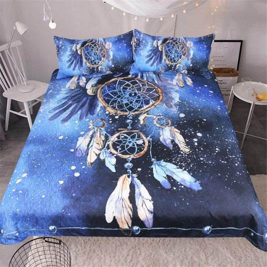 Blue Feather Pattern 3PC Bedding Duvet Cover Set - Pexav