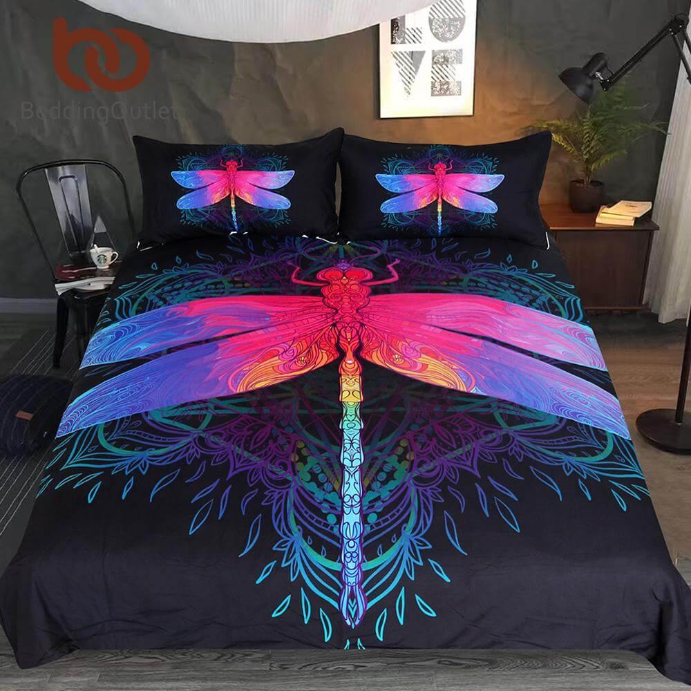 Colorful Dragonfly Pattern Soft Bedding Set 3pcs - Pexav