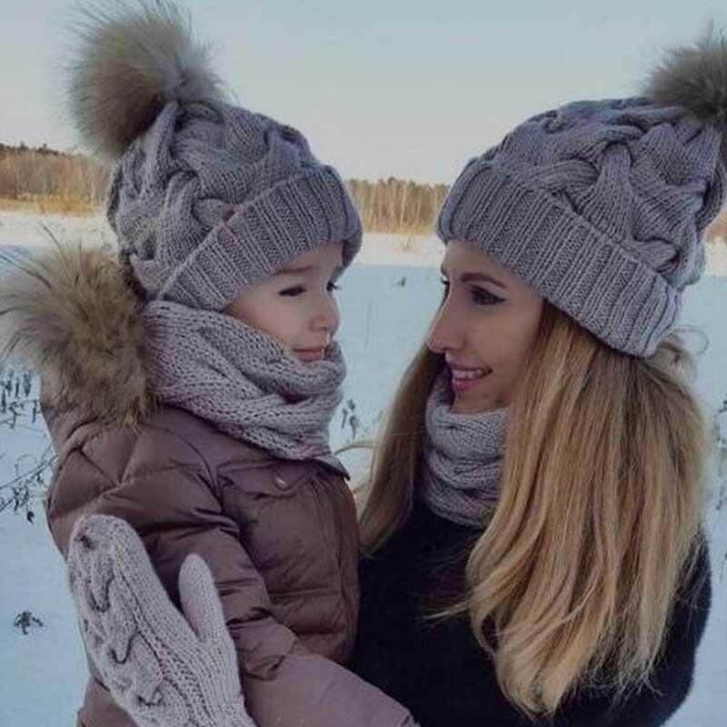 Soft Cozy Mother Baby Knitted Hats Set - Pexav