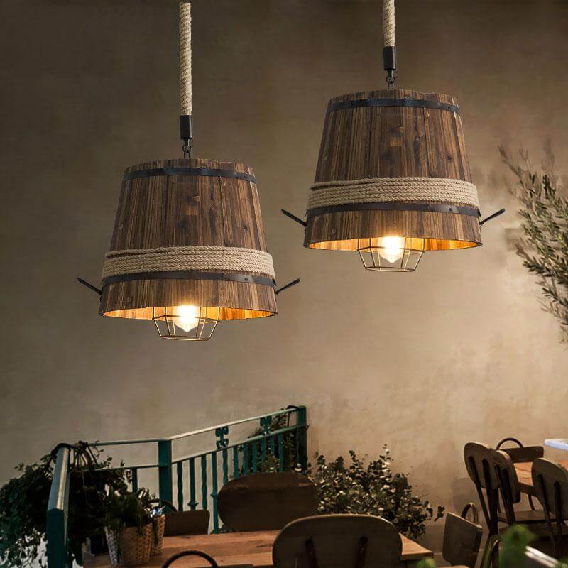 Vintage Rustic Wood Barrel Pendant Light - Pexav