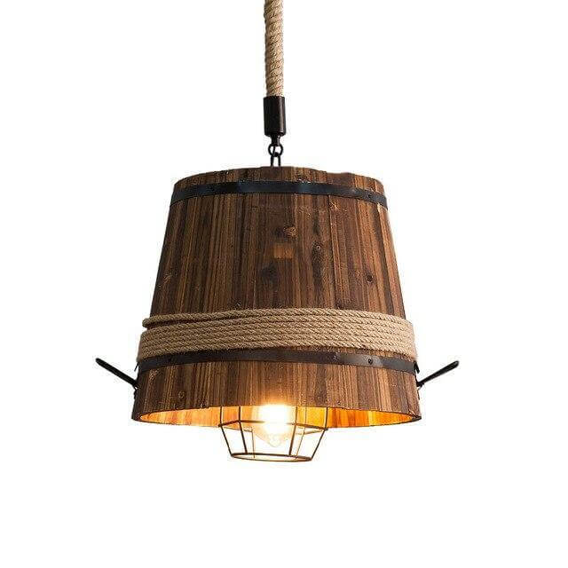 Vintage Rustic Wood Barrel Pendant Light