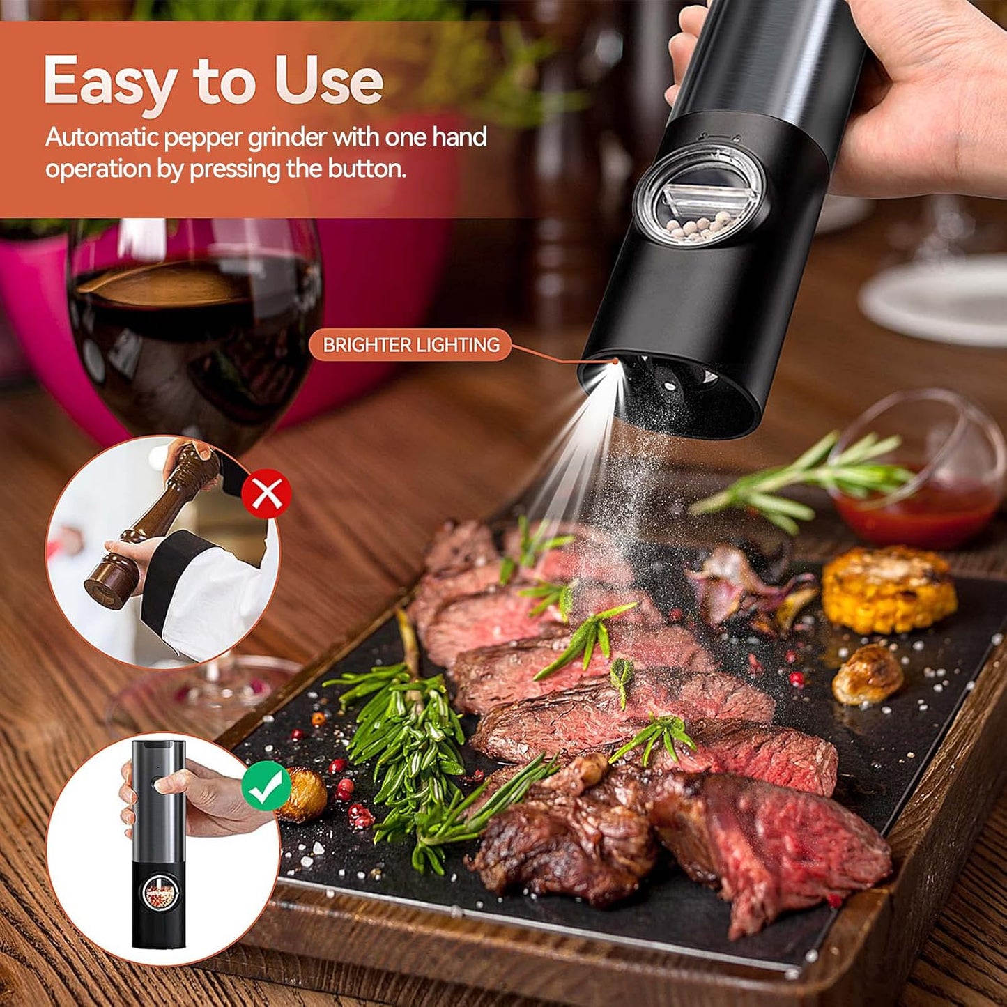 Rechargeable Electric Salt and Pepper Mill Set-Black-Nora Luxe
