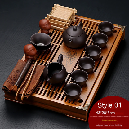 Traditional Asian Wooden Tea Serving Tray Set
